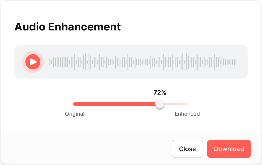 Screenshot of ai|coustics audio enhancement tool showing the enhancement slider at 72% with options to download or close