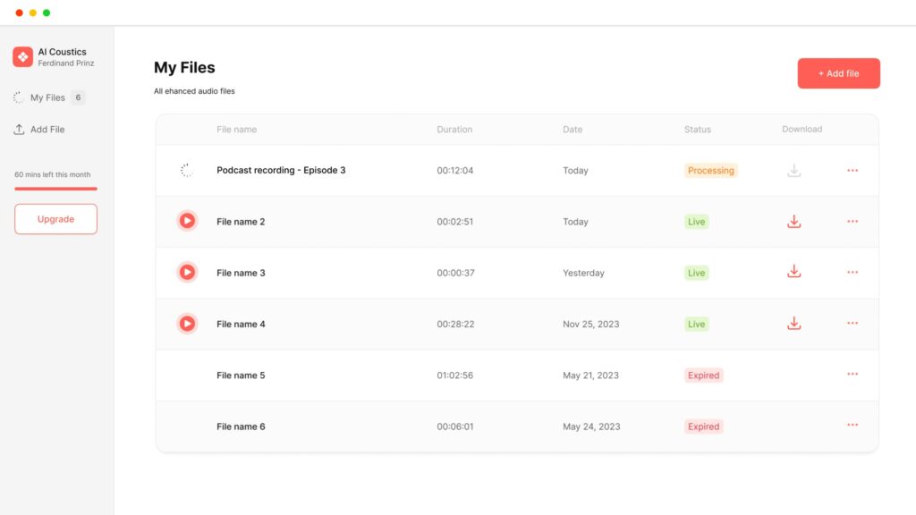 Screenshot of the ai-coustics web app dashboard with enhanced files displayed