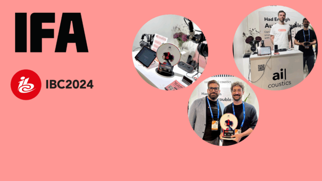Photos of the ai|coustics trade fair stands and IFA and IBC logos