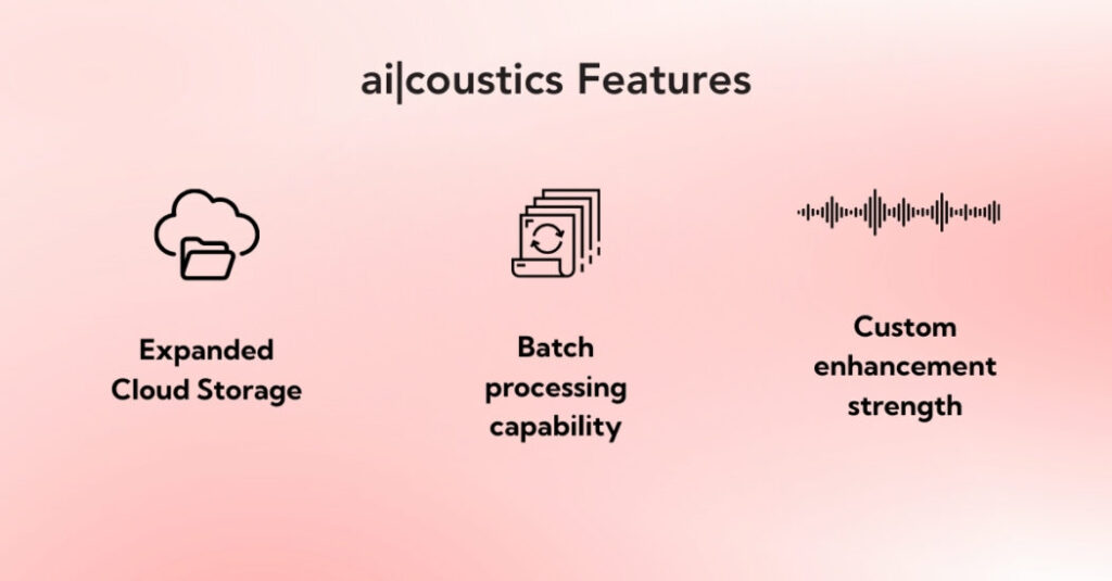 Pink gradient background with ai|coustics fetured listed and accompanied by icons: icon of a cloud labeled Expanded Cloud Storage, icon of files labeld Batch Processing Capability and a waveform labeled Custom enhancement strength