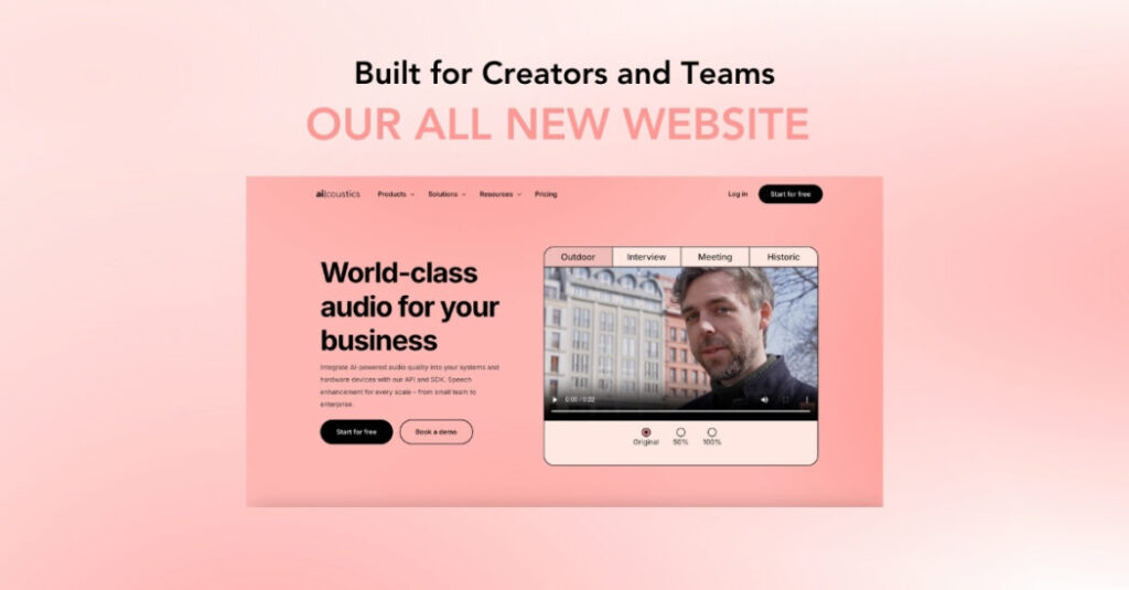 Screenshot of the ai|coustics website with the text: Built for creators and teams: our all new website.