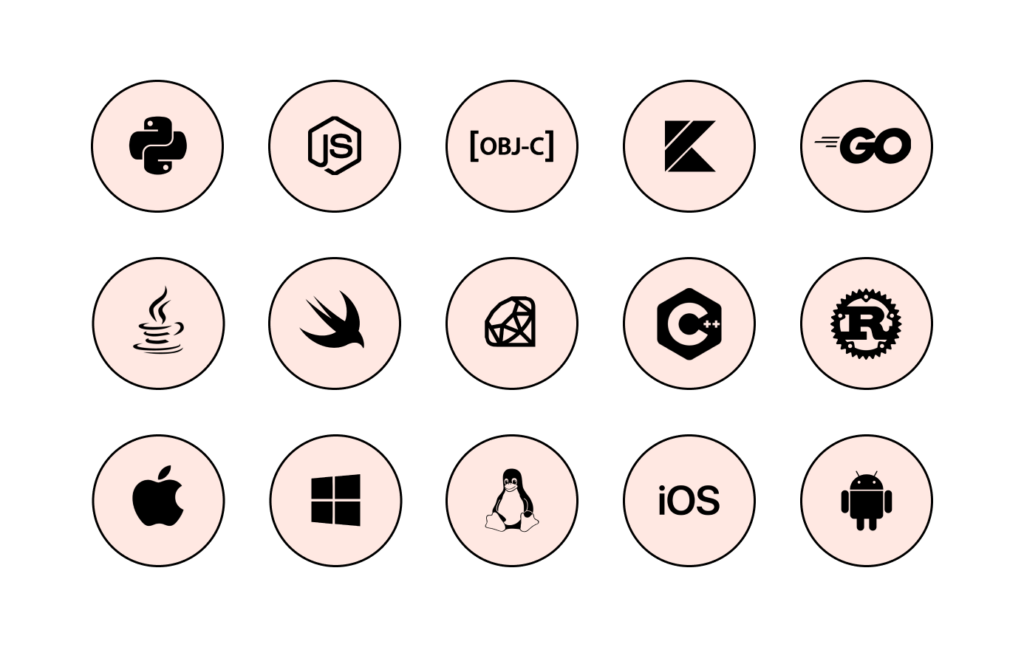 Logos of programming languages and platforms supported by ai|coustics SDK and API including Python, Java, Swift, C++, Go, Kotlin, iOS, Android, Windows, and Linux