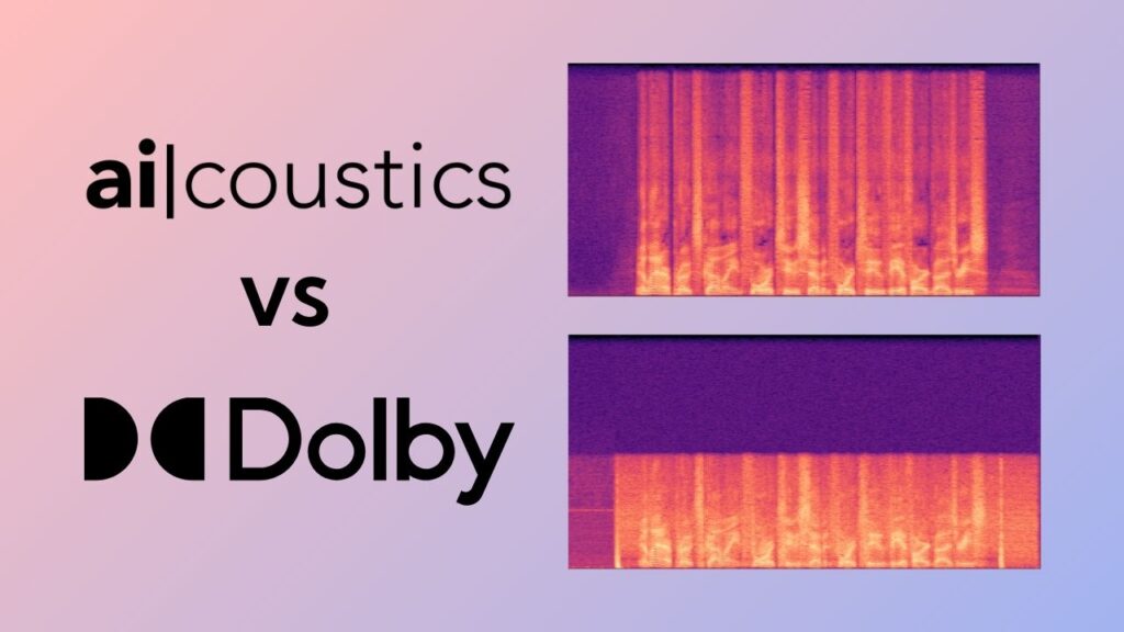 Comparison of ai|coustics and Dolby audio enhancement performance, showing two spectrograms side-by-side: ai|coustics (top) with full frequency restoration and Dolby (bottom) with limited frequency recovery. Logos of ai|coustics and Dolby displayed alongside.