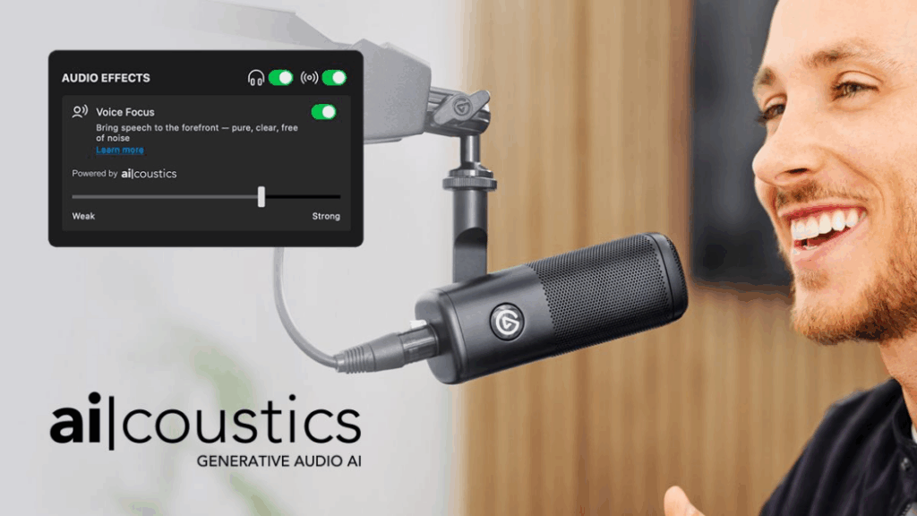 Screenshot from Elgato's Wave Link featuring Voice Focus feature powered by ai-coustics on top of a man speaking into an Elgato microphone