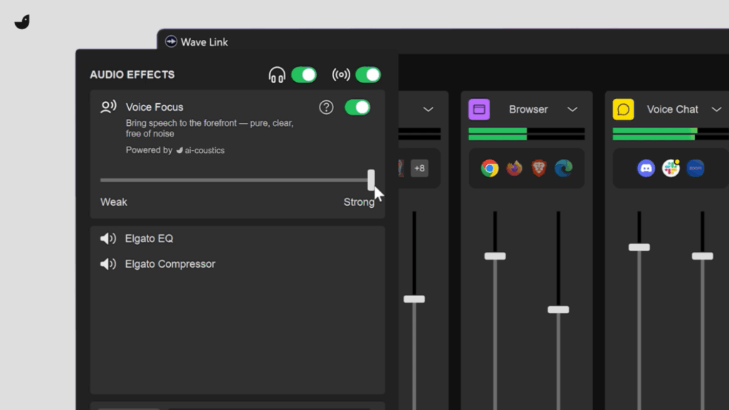 Screenshot of Elgato's Wave Link software with Voice Focus feature (Powered by ai-coustics) enabled