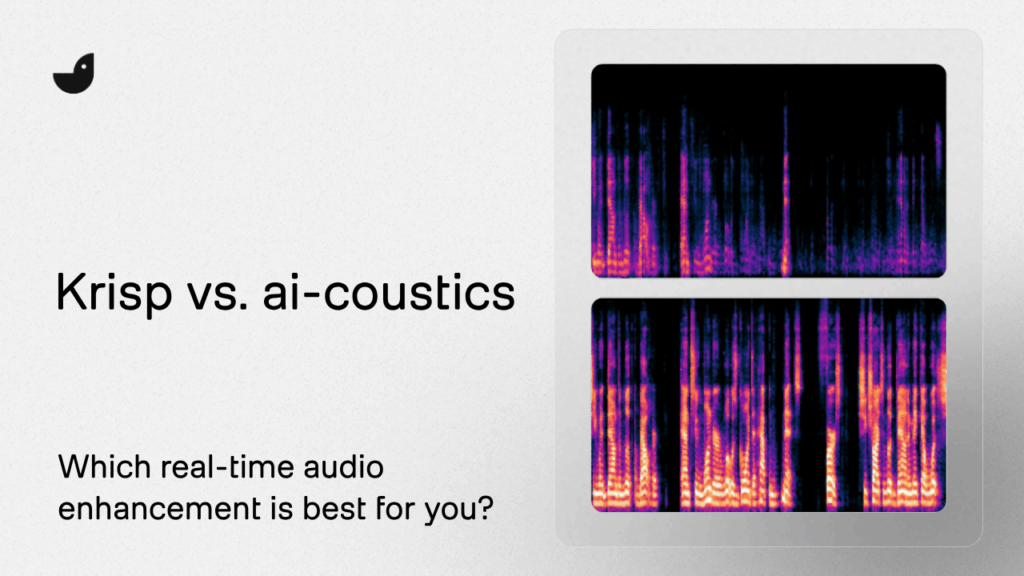 Grey grainy background with text "Krisp vs. ai-coustics. Which real-time audio enhancement is best for you?" and two spectrograms.