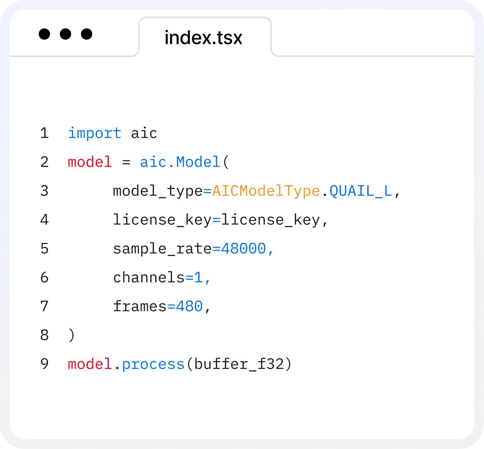 Code snippet of ai-coustics SDK in action, showing the customisable parameters