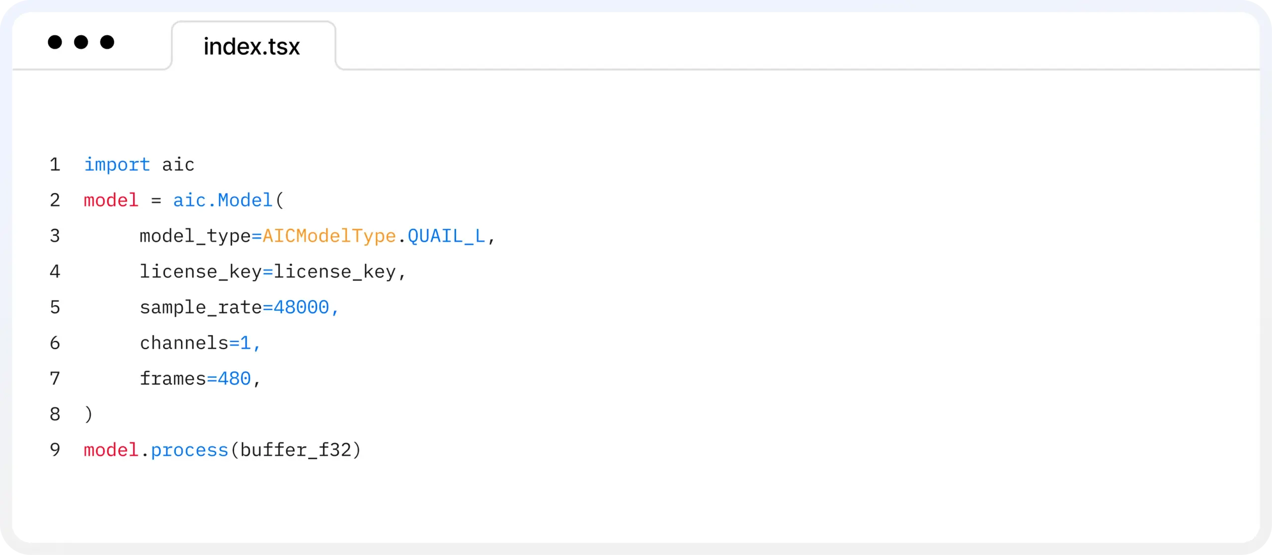 Code snippet of ai-coustics SDK in action, showing the customisable parameters