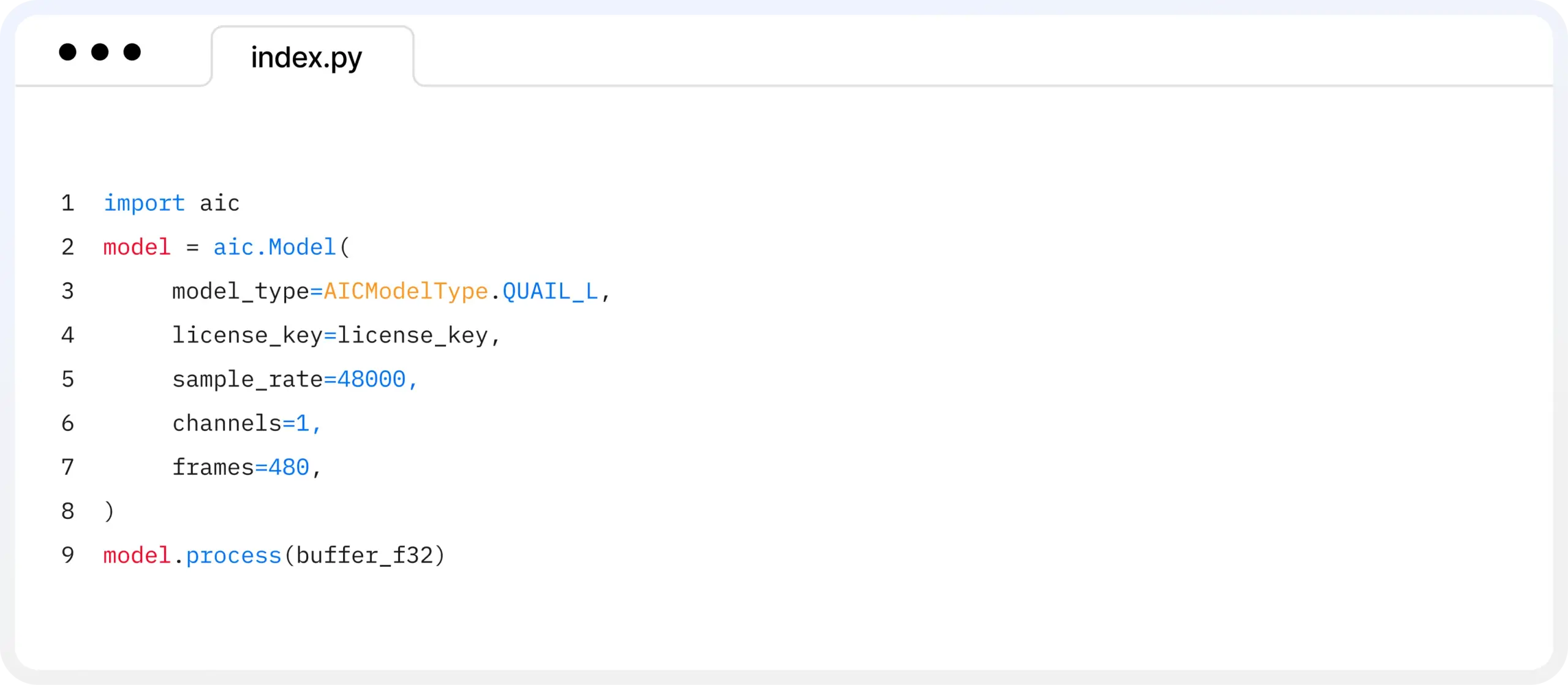 Code snippet of ai-coustics SDK in action, showing the customisable parameters