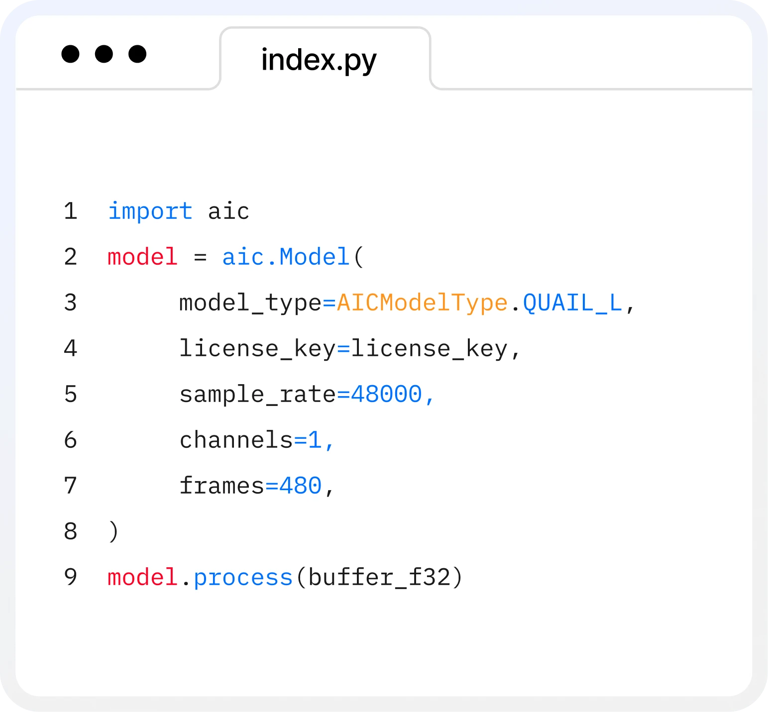 Code snippet of ai-coustics SDK in action, showing the customisable parameters